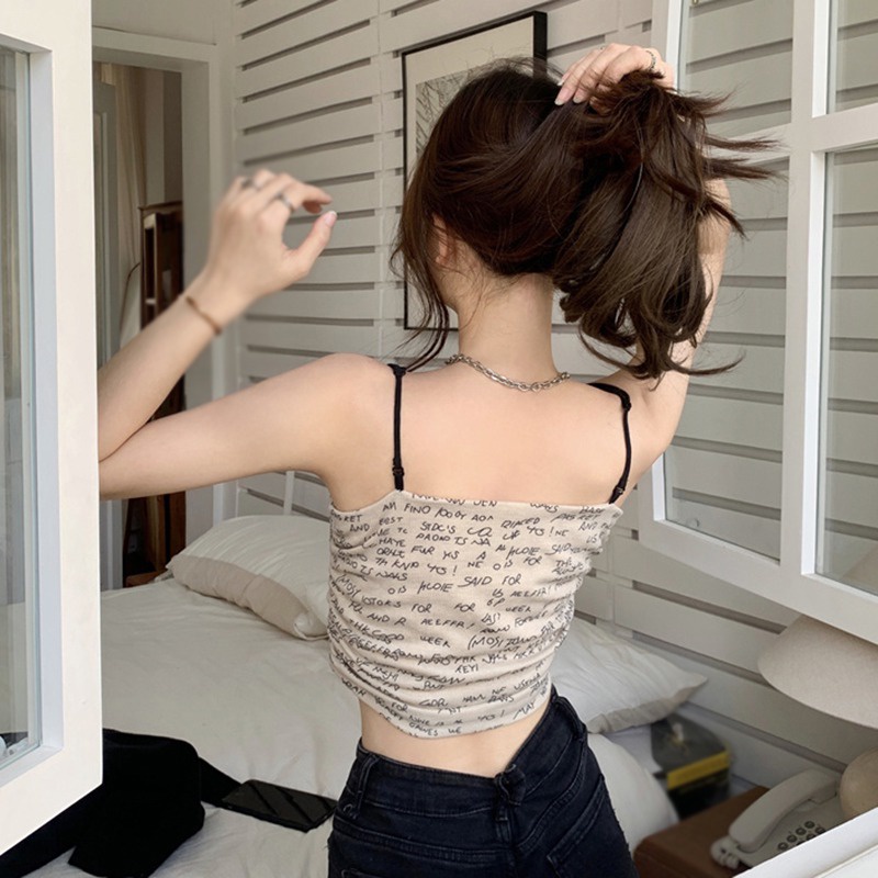 Áo Croptop Hai Dây Ôm Dáng In Chữ Phong Cách Hàn Quốc Thời Trang Mùa Hè Cho Nữ