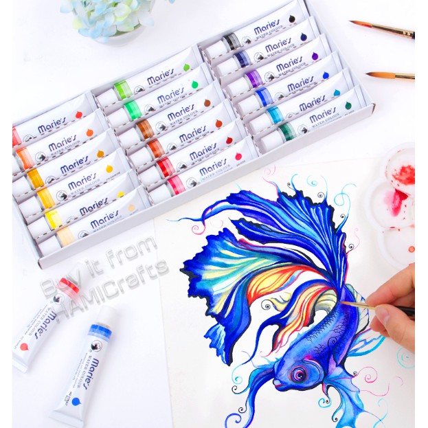 Màu nước Maries dung tích 12ml hộp trắng, water color maries
