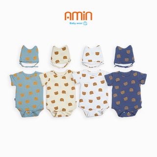 Bodysuit sơ sinh tới 2 tuổi, bộ body chip cộc tay bé trai bé gái họa tiết gấu dễ thương kèm mũ trùm đầu