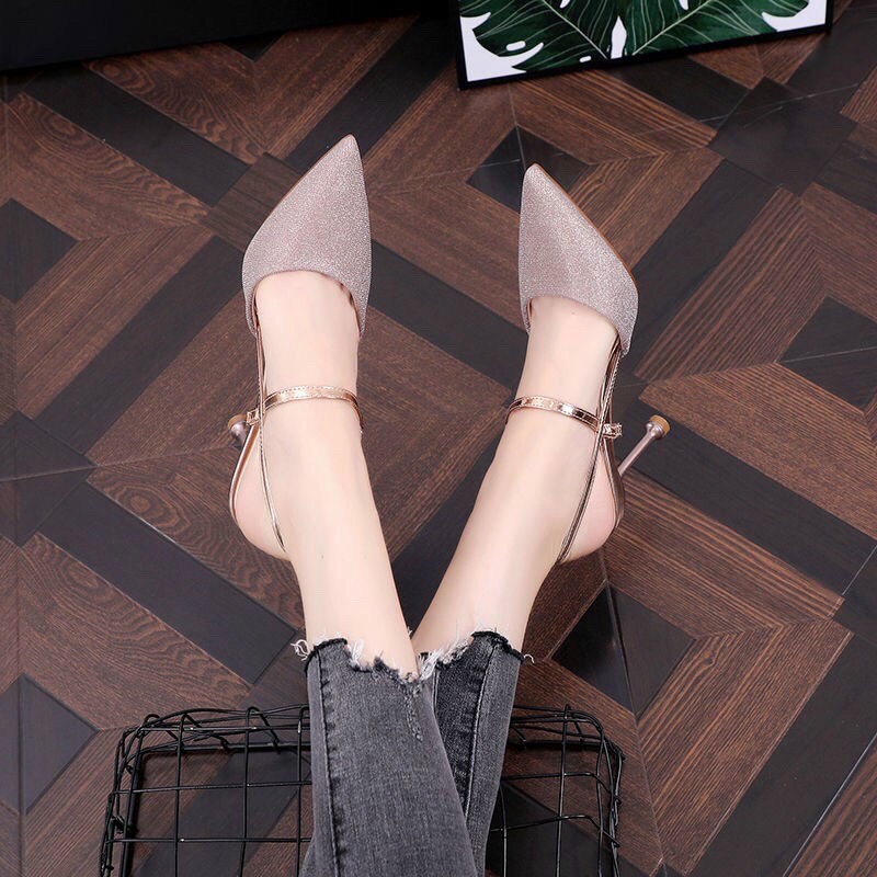 FREESHIP Giày cao gót nữ bít mũi da kim tuyến gót 7p siêu hot M17