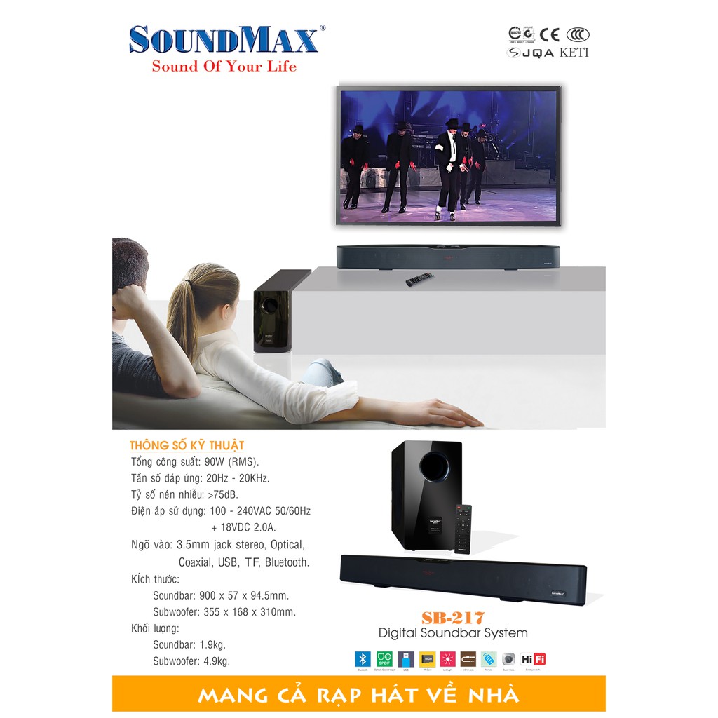 Loa thanh soundbar dùng cho Tivi, Máy tính SoundMax SB217