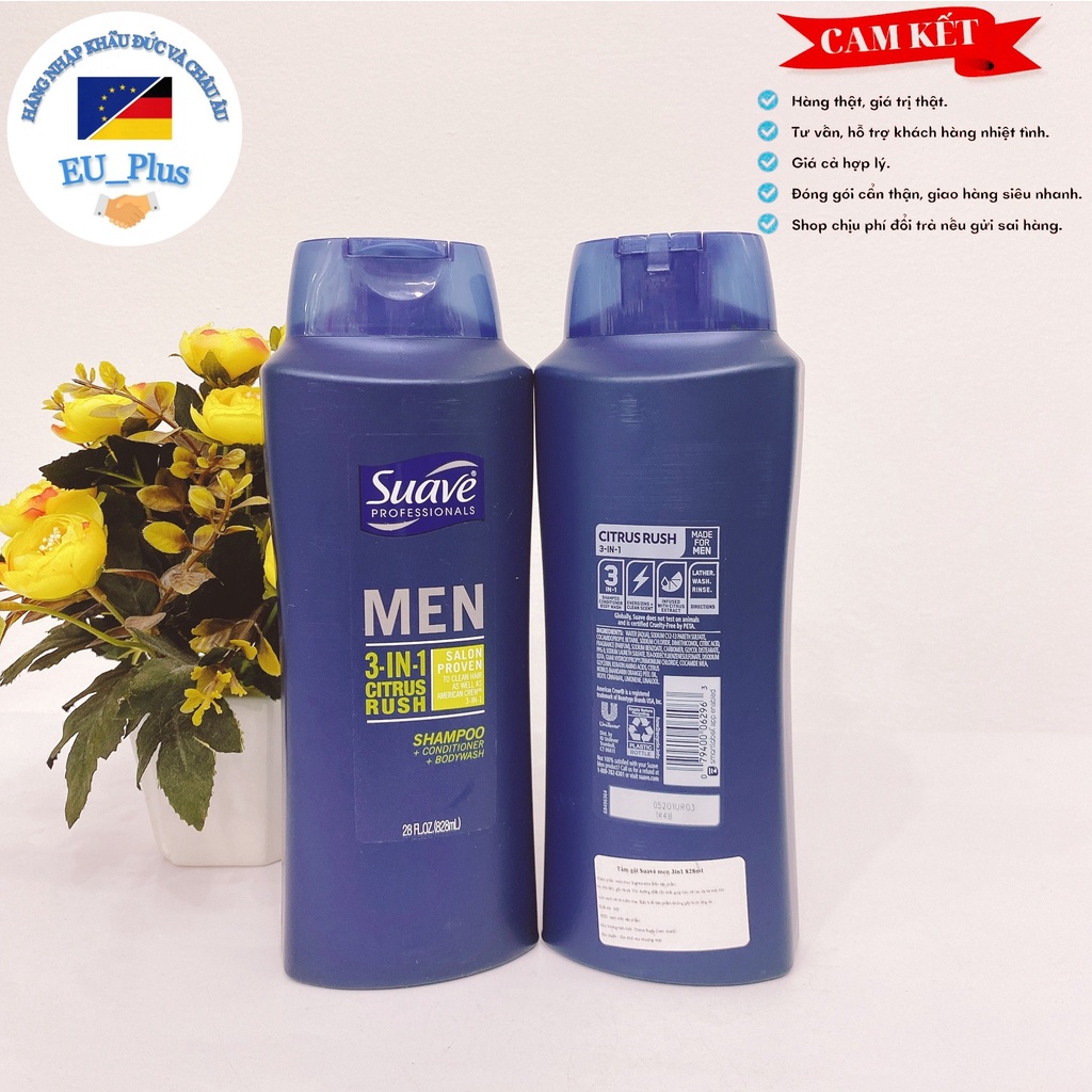 Sữa Tắm Gội Xả Dành Cho Nam Suave Men 3 in 1 828ml - Mỹ