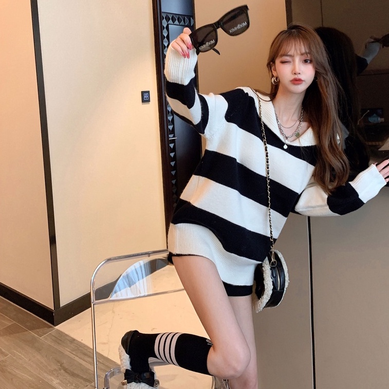 【Hana and Alice】Áo Dệt Kim Tay Dài Cổ Thủy Thủ Dáng Rộng Dễ Phối Đồ