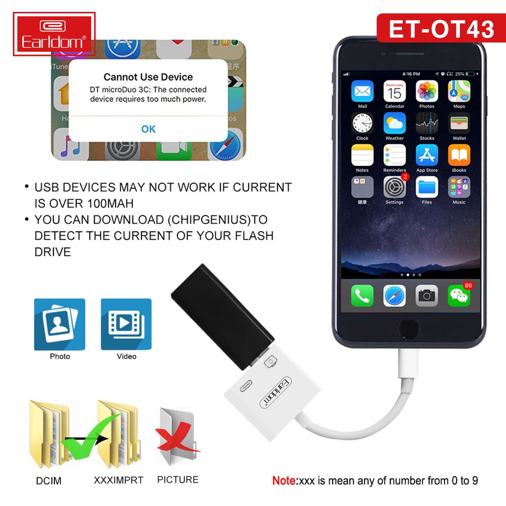 Cáp OTG Dành Cho iPhone, iPad Earldom OT43 - Hỗ Trợ Cắm Ổ Cứng Di Động SSD