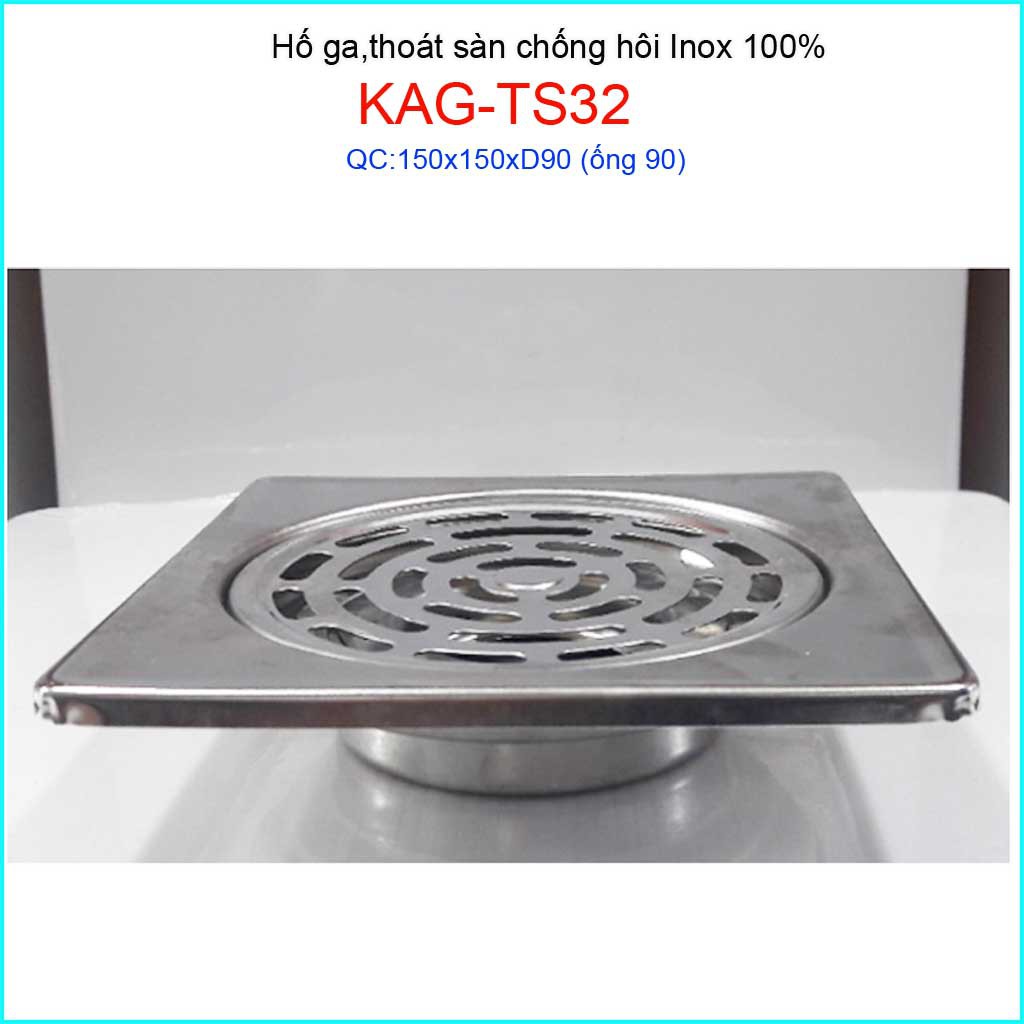 Phễu thoát sàn inox 15x15cm KAG-TS32, hố ga thoát sàn nước vuông 15x15cm ống thoát D90 thoát nhanh giá tốt sử dụng tốt