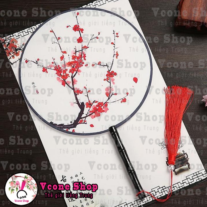 Quạt cổ trang tròn quà tặng xinh xắn có cán cầm tay cosplay Hán phục