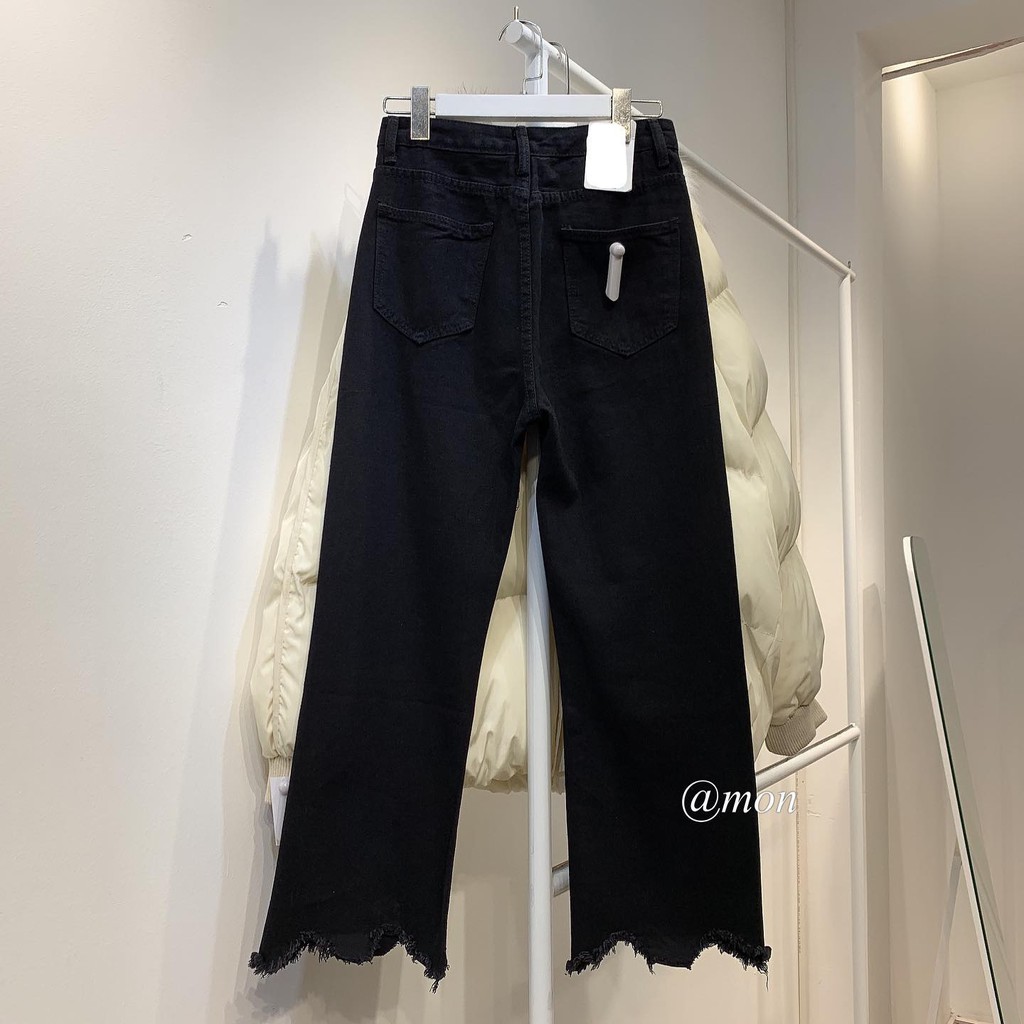 190517 Quần baggy jeans nữ ulzzang ống đứng form vừa tua rua gấu 2 màu có size