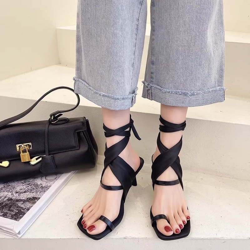 Dép cao gót buộc dây chiến binh ⚡️ANDUSTORE⚡️gót 7cm  sẵn nâu 38
