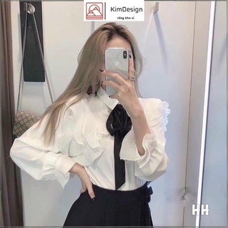 Áo sơ mi dập ly viền bèo nơ đen