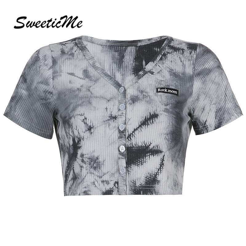 Áo Thun Nữ Ngắn Tay Cổ Chữ V In Hình Màu Mực Thời Trang 2021