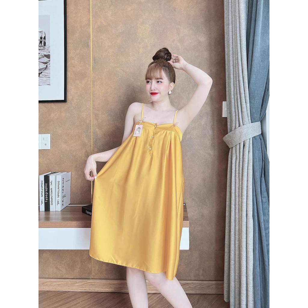 Đầm ngủ 2 dây, váy ngủ gợi cảm, đồ ngủ mặc nhà chất lụa latin cực mát, mịn có nút gài kèm nơ mặc nhà thoải mái [DN64]