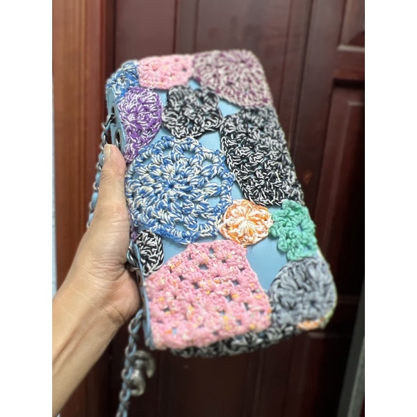 Thanh lý Túi cn classic da thật phối len đan thủ công size 25