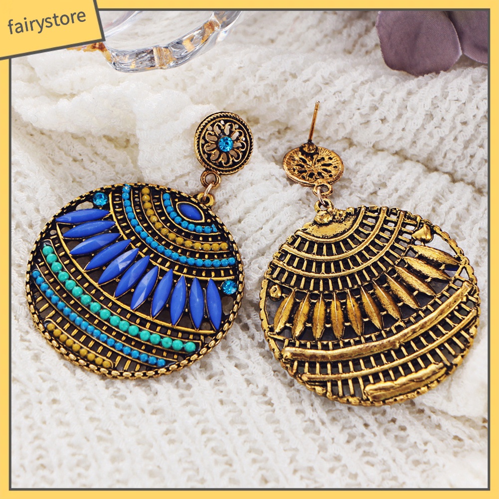 Khuyên Tai Mặt Tròn Đính Đá Nhiều Màu Sắc Phong Cách Bohemia