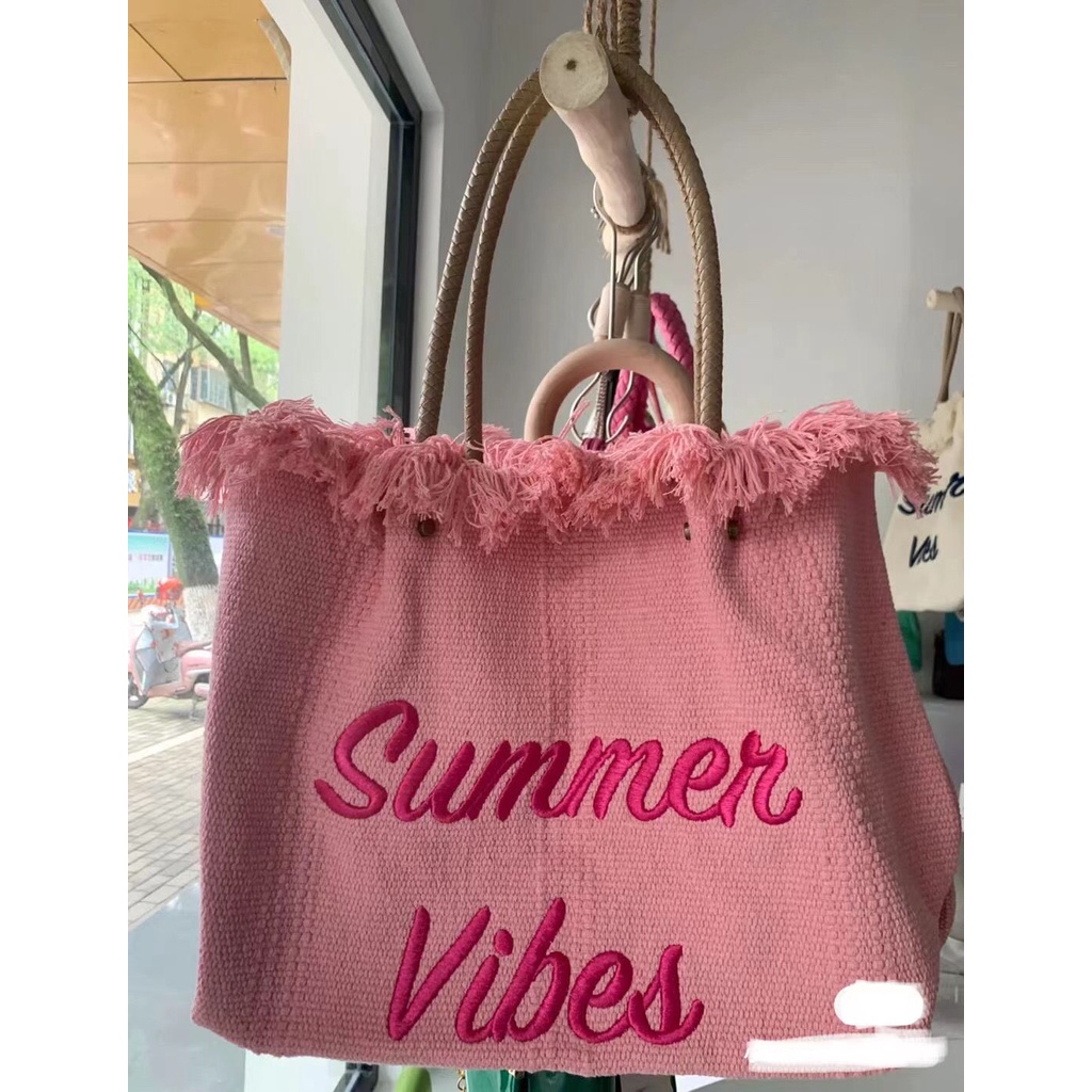 Túi Tote Đeo Vai Vải Canvas Dệt Tay Sức Chứa Lớn Thêu Chữ Phong Cách Mùa Hè Mới Thông Dụng