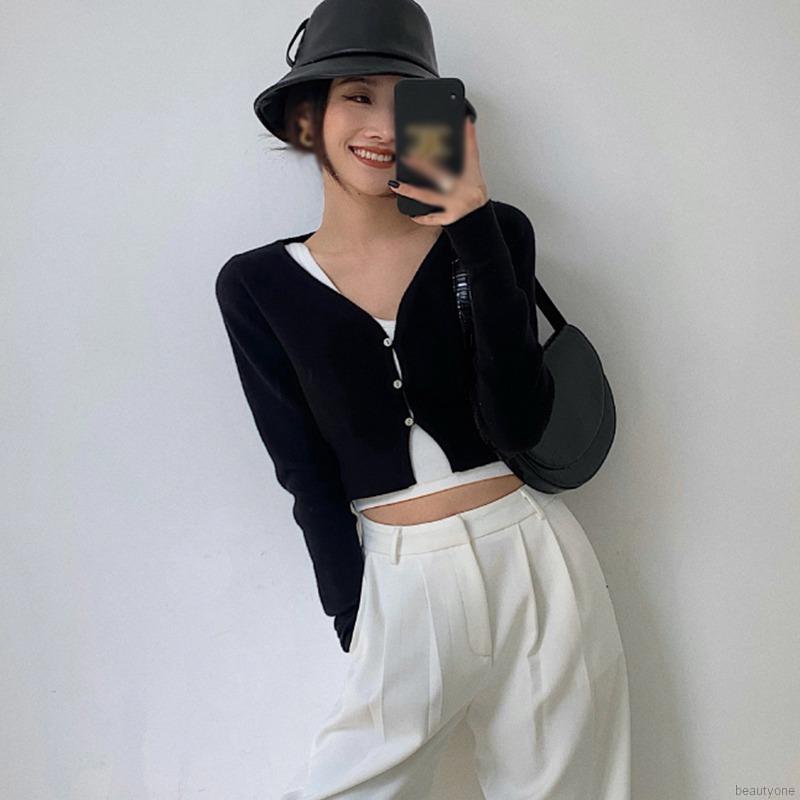 Áo Croptop Dệt Kim Tay Dài Thiết Kế Cổ Chữ V Quyến Rũ | BigBuy360 - bigbuy360.vn