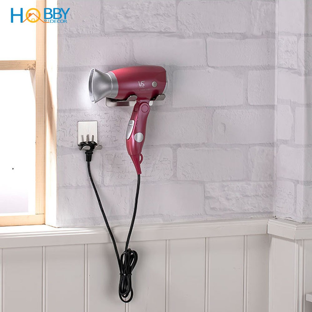 Giá treo máy sấy tóc và phích cắm HOBBY Home Decor MS3PC dán tường gạch men - chuẩn Inox 304 và kèm keo dán