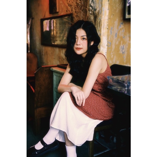 Váy 2 Dây Đỏ/ Vàng Hoa Nhí Xòe Rộng Vintage Xô Muslin Vui Thu Đông/Noel Rực Rỡ