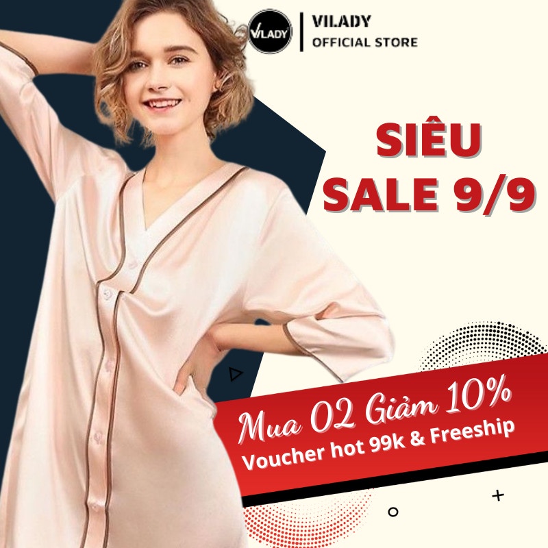 Váy Ngủ Vilady Chất Lụa Pháp Cổ V Tay Lỡ Phối Viền Kẻ Nữ Tính Quý Phái
