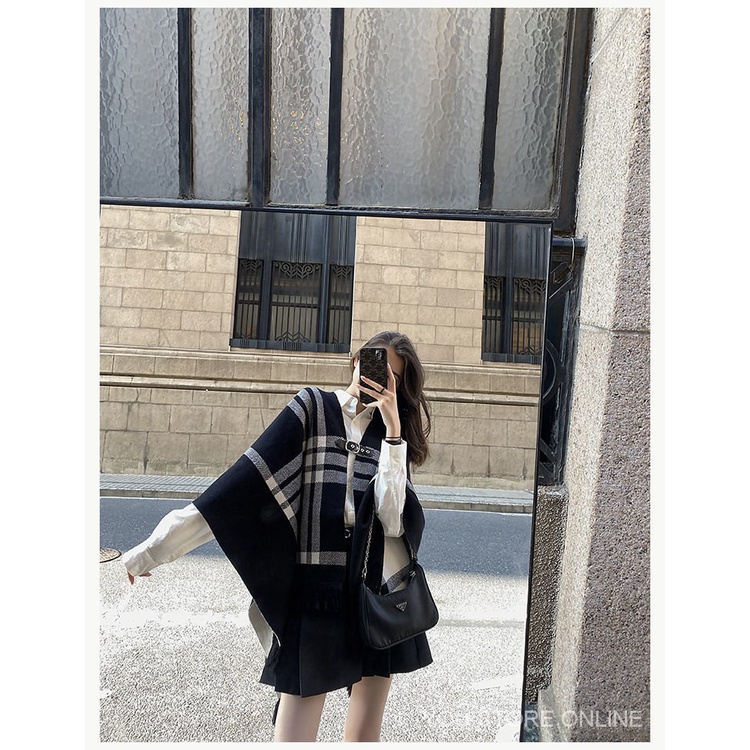 Xgja ❤Ence★Áo choàng len hai mặt họa tiết sọc caro trắng đen phong cách Retro Anh quốc | BigBuy360 - bigbuy360.vn