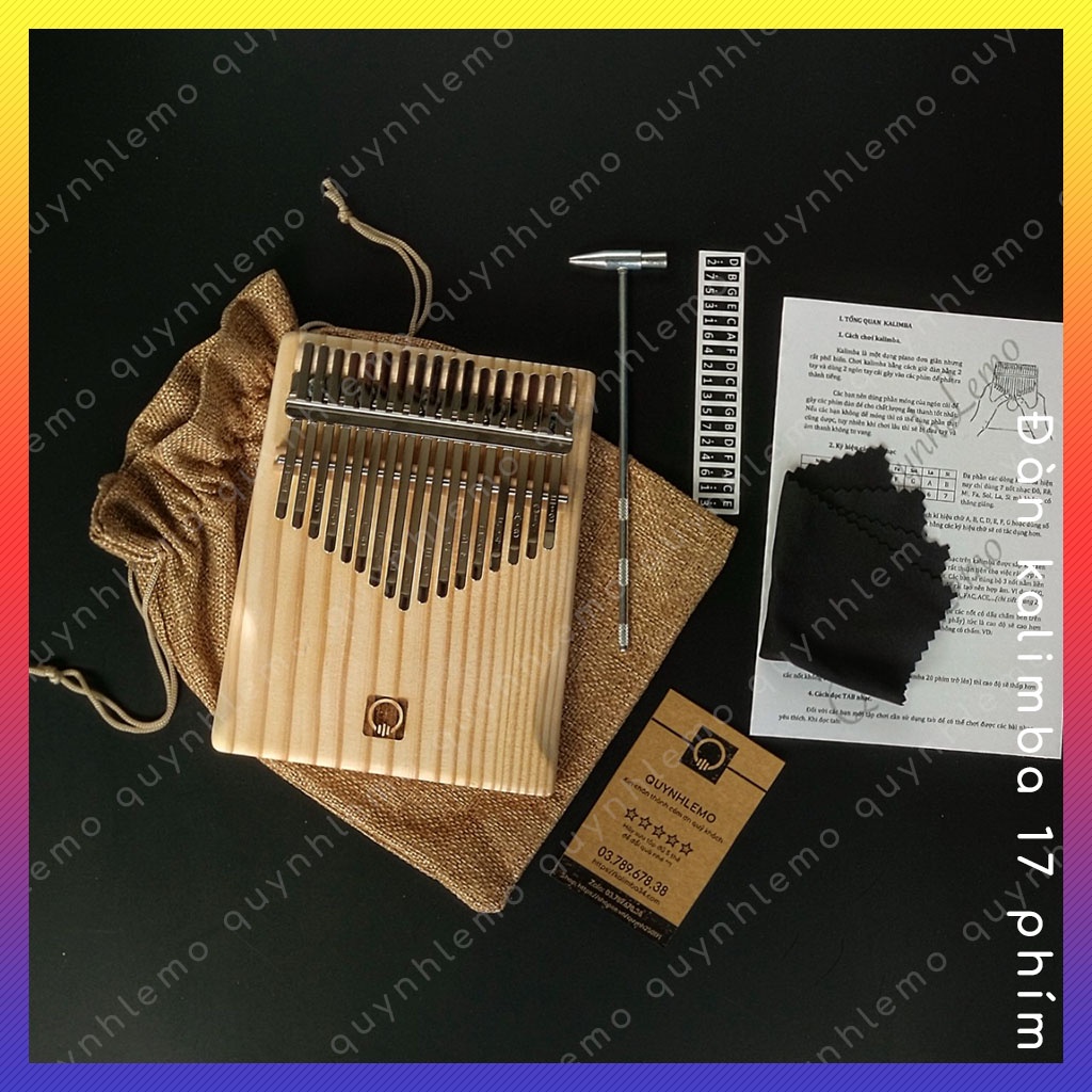Đàn kalimba 17 phím nguyên khối QUYNHLEMO, Kalimba 17 phím gỗ thông tấm cao cấp có khắc logo đầy đủ phụ kiện