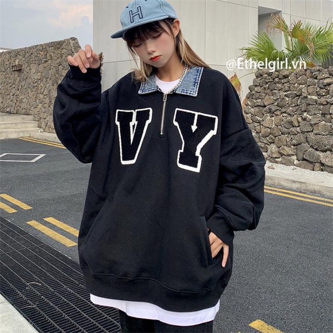 Áo nỉ dài tay cổ gập thêu chữ thời trang
 | BigBuy360 - bigbuy360.vn