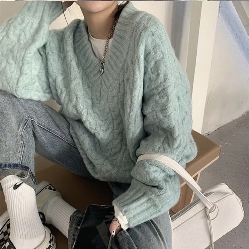 ( sẵn 1 ) áo len cổ tim vặn thừng form dáng rộng dài unisex nhiều màu