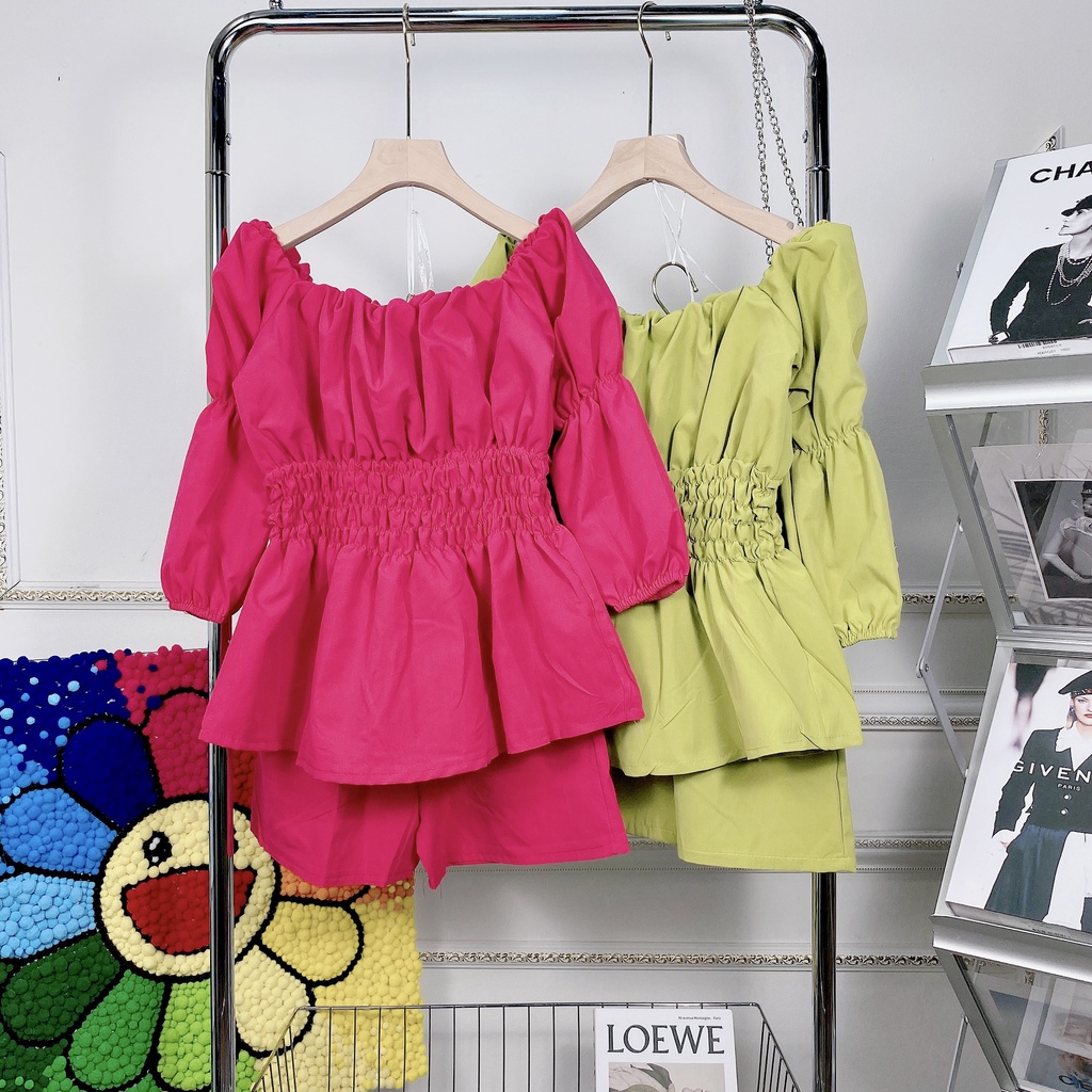 Set áo trễ vai chun eo tay bồng quần short đùi hồng sen xanh cốm siêu hot đồ bộ nữ tiểu thư xinh xắn BN250