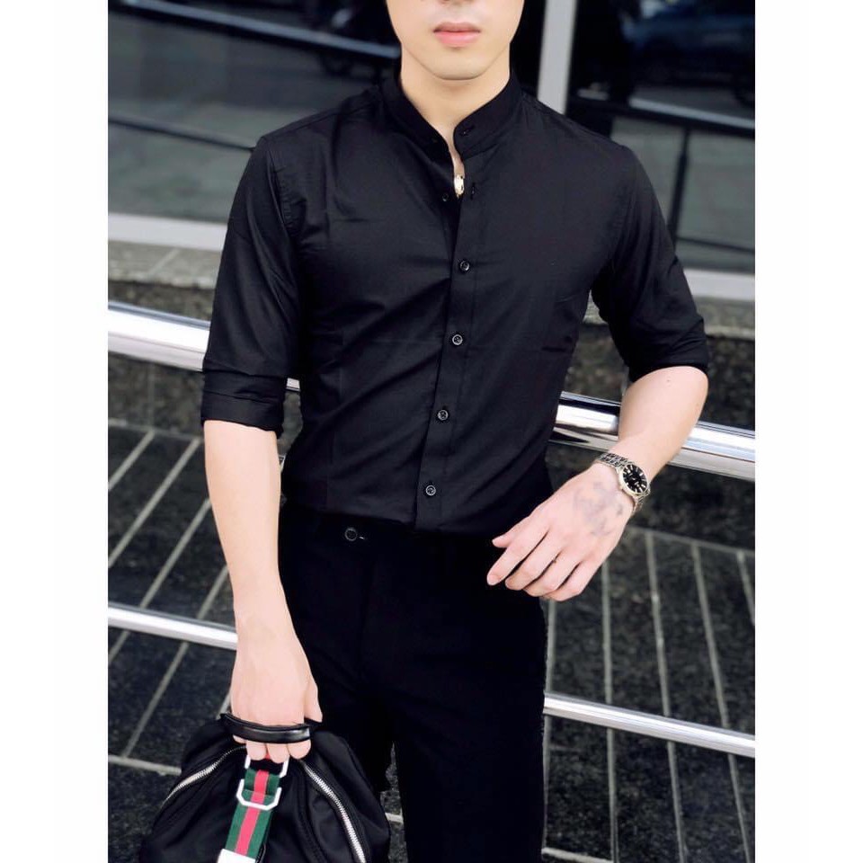 Áo Sơ Mi Nam Cổ Tàu Dài Tay Hàng VNXK Cao Cấp, Áo Sơ Mi Nam Trắng Đen Côt Trụ Lụa Co Dãn Nhẹ Thấm Hút Mồ Hôi Không Nhăn