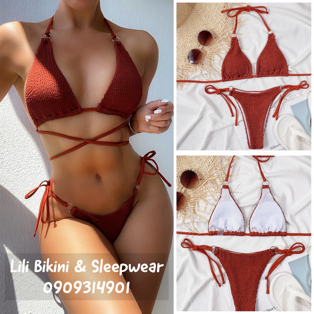 Bộ bikini hai mảnh siêu gợi cảm vải gân xịn phong cách Âu Mỹ nhiều màu nâu, đen, trắng