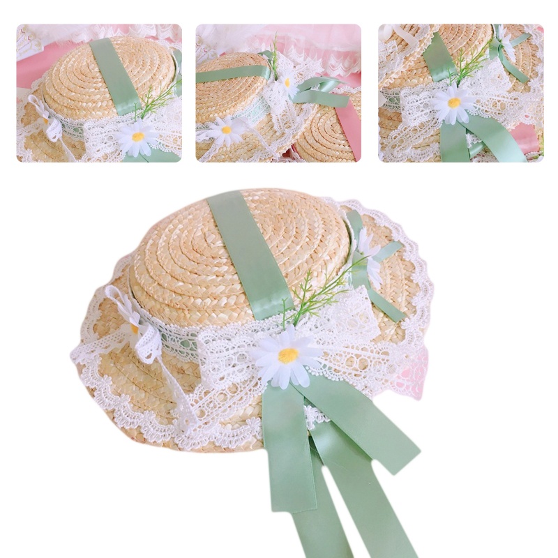 Mũ Cói Chống Nắng Đính Nơ Ren Hoa Phong Cách Lolita Xinh Xắn