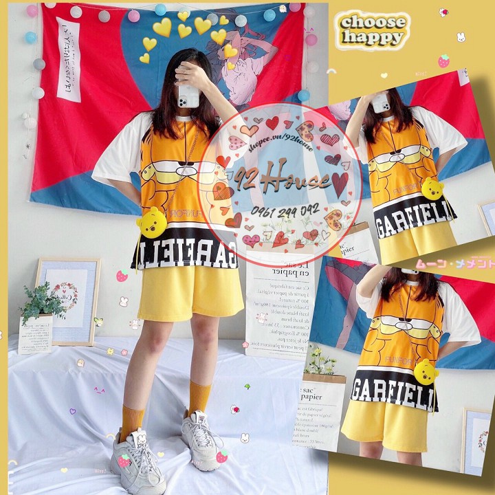 Bộ đồ hoạt hình mèo vàng unisex form rộng tay lỡ