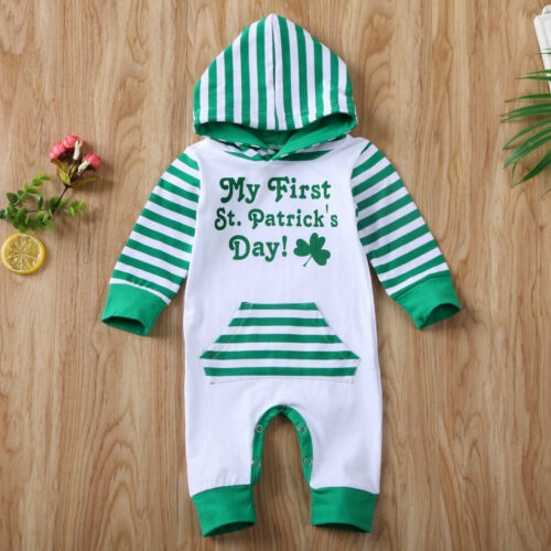 ☞❀❤♕GOABaby Boy Girl Romper My First St.Patrick´s Day Clover Striped Pocket Long Sleeve Bodysuit Spring Clothes