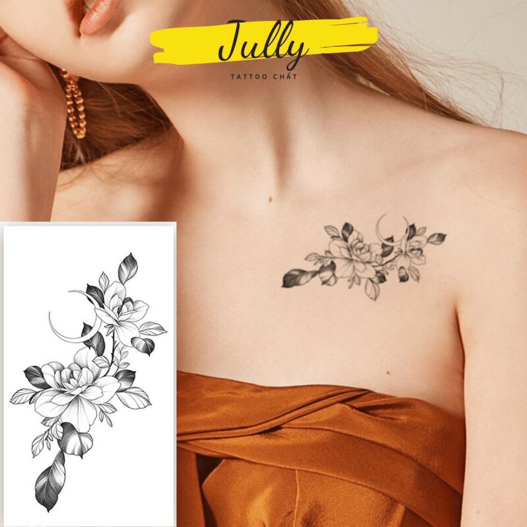 Hình xăm dán tạm thời mini họa tiết hoa đen trắng cho nữ nhẹ nhàng quyến rũ JULLY Tattoo chất, chống nước, bền đẹp