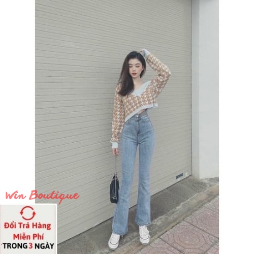 Quần jeans ống loe xanh 2 khuy mác da hack dáng chân siêu dài Win Boutique