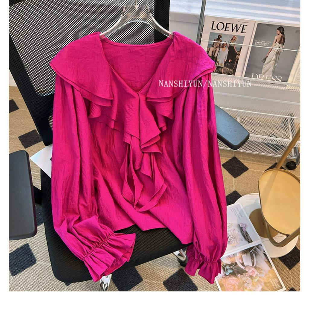 Áo Sơ Mi Chiffon Tay Dài Cổ Chữ V Phối Bèo Phong Cách Hàn Quốc Cho Nữ