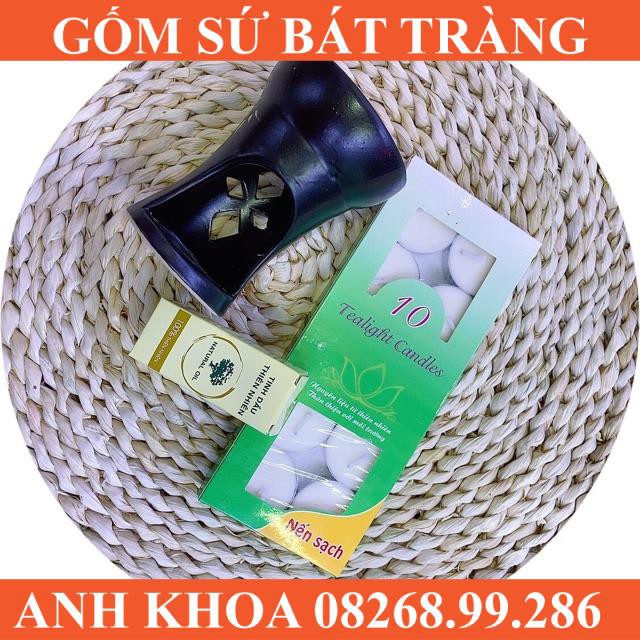 Set bếp đốt tinh dầu kèm 3 viên nến và lọ tinh dầu - Gốm sứ Bát Tràng Anh Khoa