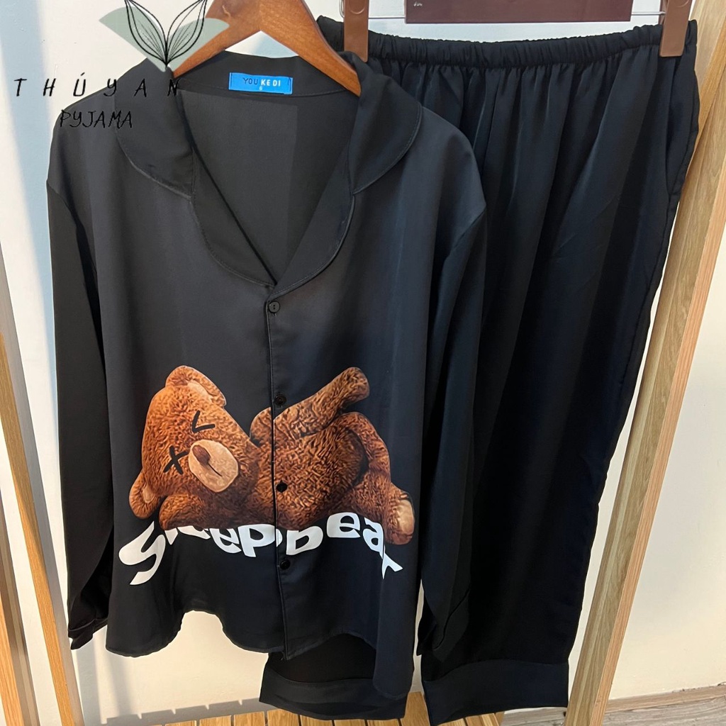 Bộ Pijama nữ bigsize gấu nâu tay dài chất lụa Mango ko nhăn dành cho nữ, mẹ bầu 40 - 90kg