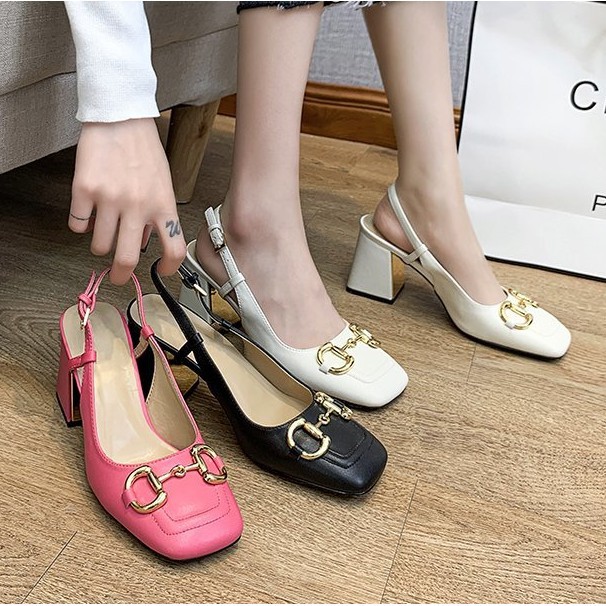 Giày Sandal Cao Gót Mẫu Mới 2021 Thời Trang Gót Trụ Mũi Bo Vuông Cổ Điển 316 (2 Kiểu)