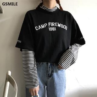 Áo Thun Women Korean Letter Printed Stripe Turtle Neck Long Sleeve Fake Two T-shirt Tops Ulzzang