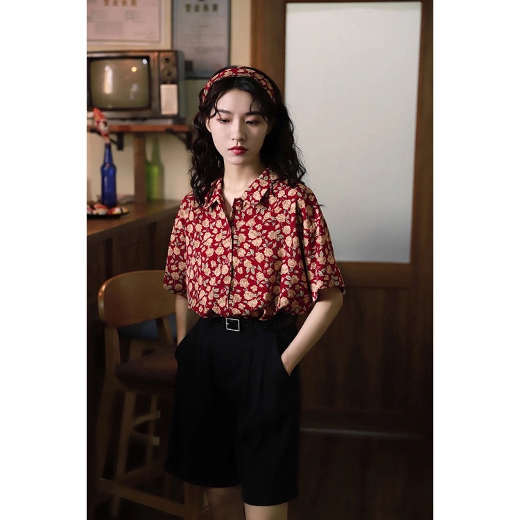 Floral women's retro Hong Kong style  summer New rose antique Hong Kong style printed short-sleeved shirt top