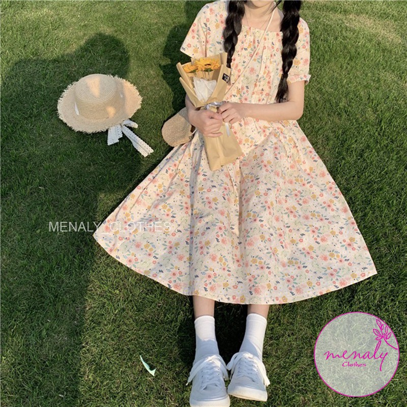 Váy babydoll hoa nhí xuông nữ dáng rộng VH022, mẫu váy kiểu dáng hàn quốc cổ vuông tay bồng, bầu bí bon chen thoải mái | BigBuy360 - bigbuy360.vn