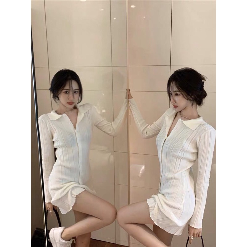 (Sẵn) Váy trắng body len tăm hàng Quảng Châu