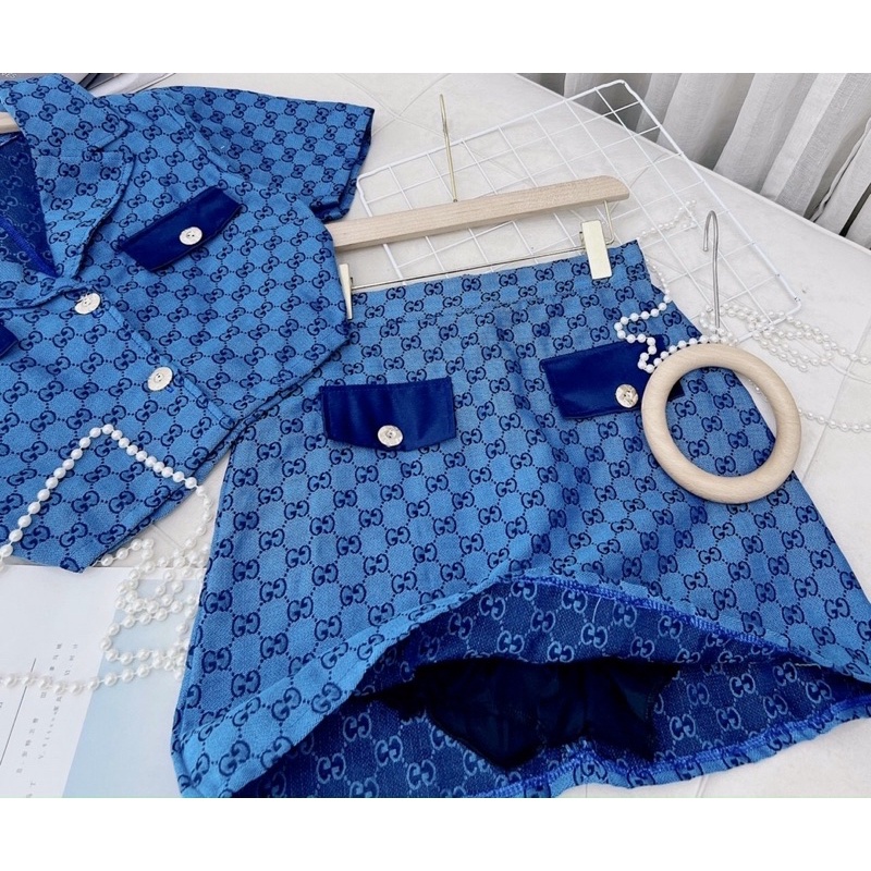 Set bộ gucci 2 món áo vest croptop kèm chân váy kaki ngắn xanh dương/lá hồng nâu - thời trang đi chơi dự tiệc sang trọng