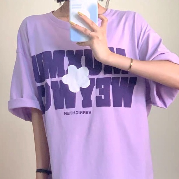 Áo phông nam nữ form rộng 2N Unisex thun cotton in hoa muxumu trắng/tím/đen