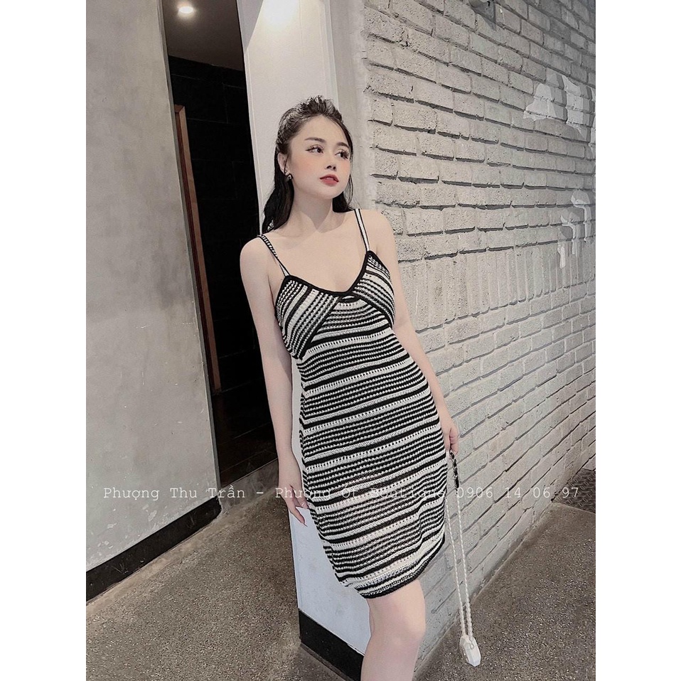 Váy body 2 dây kẻ trắng đen cho nữ