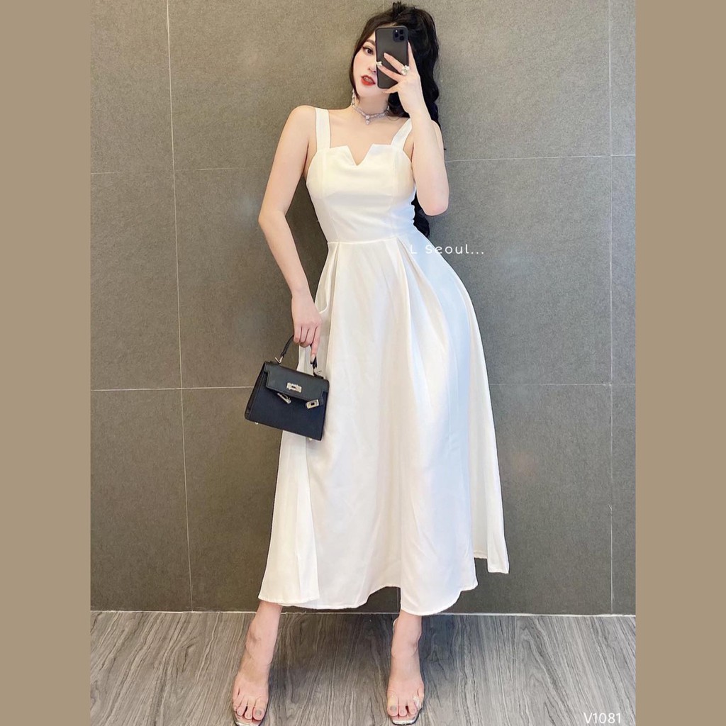 Đầm 2 Dây Xòe Dáng Dài Cổ V LSEOUL V1081 Chất Dày Dặn Ngọt Ngào Nữ Tính