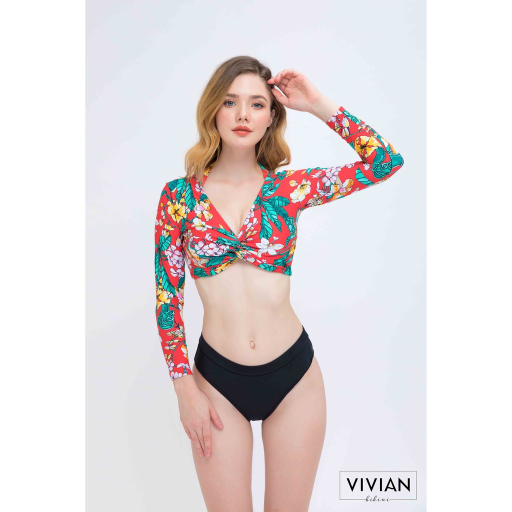Áo bơi Nữ VIVIAN kiểu dáng tay dài cột V nhún- màu Đỏ - VS074_RD