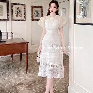 Đầm suông ren trắng cổ ngọc phối kính tay bồng tiếu thư dự tiệc HATI