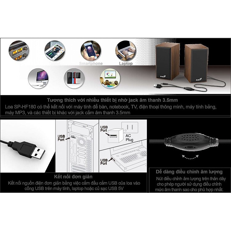 Loa gỗ cổng USB Genius SP-HF180 vân gỗ