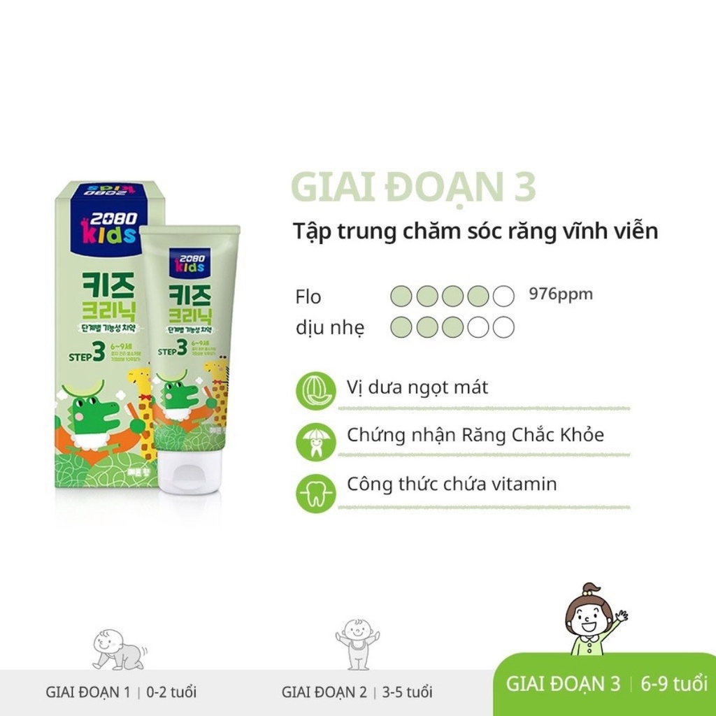 Kem đánh răng Kids Clinic bước 3 cho bé 6-9 tuổi mùi dưa gang ngừa sâu răng, bổ sung vitamin, cho nướu chắc khoẻ 80g